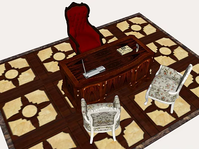 Wooden Office Desk With Laptop Phone Red Chair And Patterned Seats On Geometric Floor 3d model
