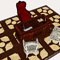 Wooden Office Desk With Laptop Phone Red Chair And Patterned Seats On Geometric Floor