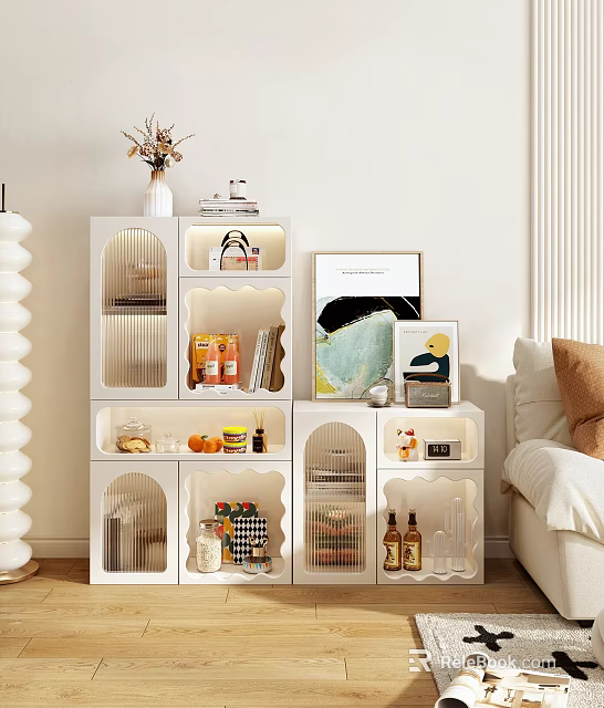 Elegant Modern White Sideboard With Glass Doors And Display Shelves Holding Food Jars And Artwork 3d model 