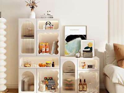 Elegant Modern White Sideboard With Glass Doors And Display Shelves Holding Food Jars And Artwork 3d model