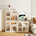 Elegant Modern White Sideboard With Glass Doors And Display Shelves Holding Food Jars And Artwork