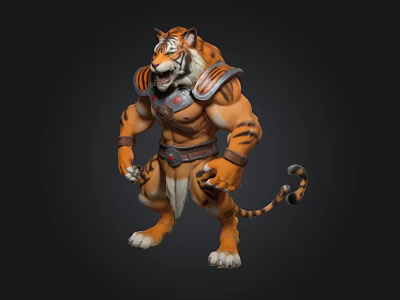 Anthropomorphic Tiger Warrior 3D Model With Muscular Build And Armor In Standing Pose 3d model