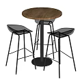 Round Wooden Bar Counter With Black Metal Base And Transparent Acrylic Stools