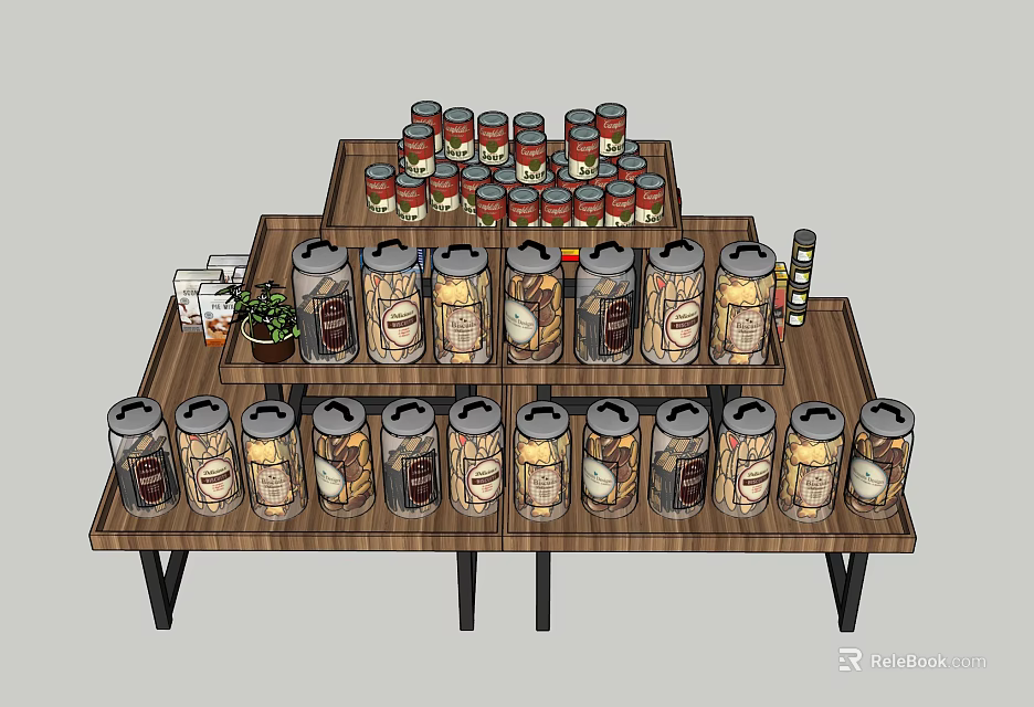 Wooden Display Shelves With Canned Goods And Jars Arranged On Multi Tiered Racks 3d model 