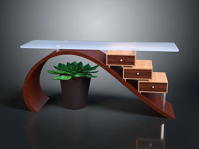 Modern Curved Furniture With Glass Top And Step Like Drawers Plus Potted Plant 3d model