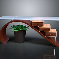 Modern Curved Furniture With Glass Top And Step Like Drawers Plus Potted Plant