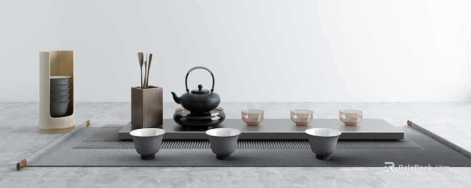 Minimalist Tea Set with Black Teapot Glass Cups and Wooden Scoops on Gray Tabletop 3d model 