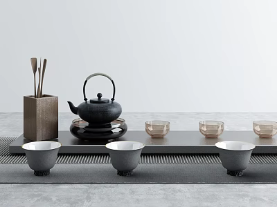 Minimalist Tea Set with Black Teapot Glass Cups and Wooden Scoops on Gray Tabletop 3d model