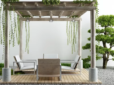 Outdoor Pergola Space With Hanging Vines Wooden Table White Chairs And Small Tree 3d model