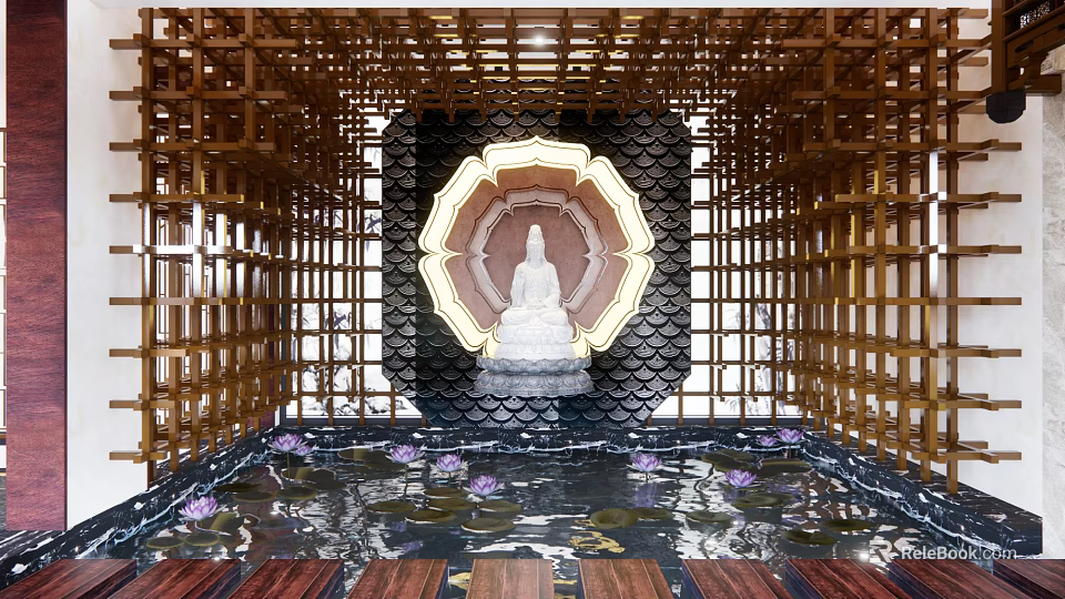 Buddhist Spiritual Space with Wooden Lattice Circular Lotus Decor Buddha Statue Water Pool and Lotus 3d model 