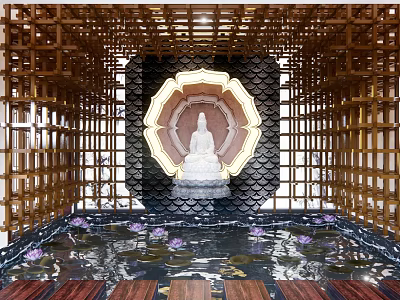 Buddhist Spiritual Space with Wooden Lattice Circular Lotus Decor Buddha Statue Water Pool and Lotus 3d model