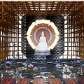 Buddhist Spiritual Space with Wooden Lattice Circular Lotus Decor Buddha Statue Water Pool and Lotus