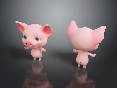 Cute Pink Pig Cartoon Character 3D Model Front And Back View 3d model