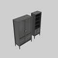 Grey Wooden Cabinet With Glass Doors Golden Handles And Open Shelves