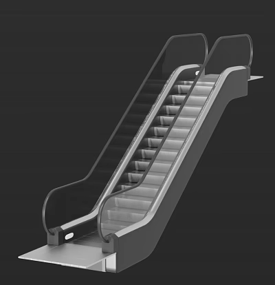 Modern Escalator Design In Public Building With Glass Handrail And Stainless Steel Steps 3d model
