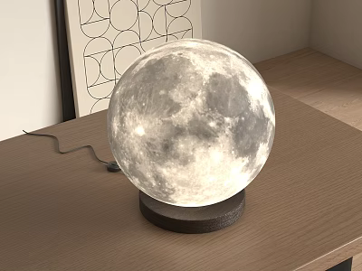 Illuminated Moon Shaped Lamp on Wooden Table with Black Base and Geometric Art Print 3d model