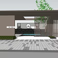 Modern Entrance Gate Featuring Wooden Slat Design Bamboo Plants And People Walking