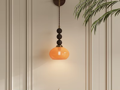Elegant Wall Lamp With Orange Lampshade Black Bead Decoration On Light Wall With Green Leaves 3d model
