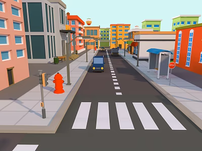 Cartoon City Street Scene With Colorful Buildings Blue Car Fire Hydrant And Crosswalk 3d model