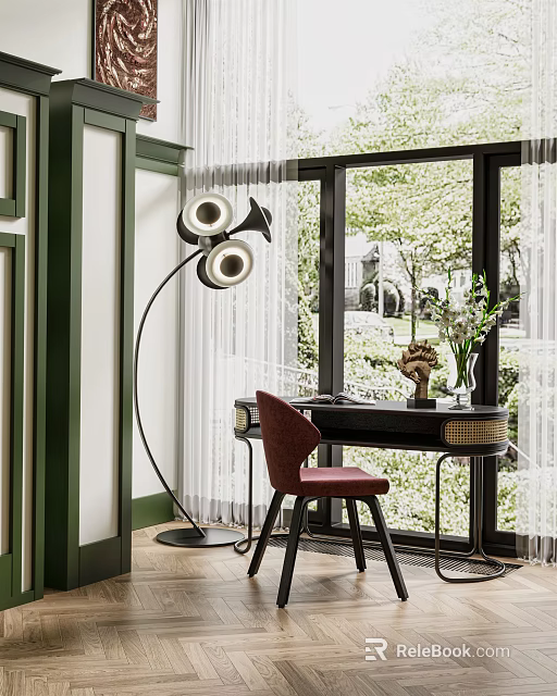 Elegant Vanity Table Setup With Red Chair Floor Lamp And Green Window View Decorations 3d model