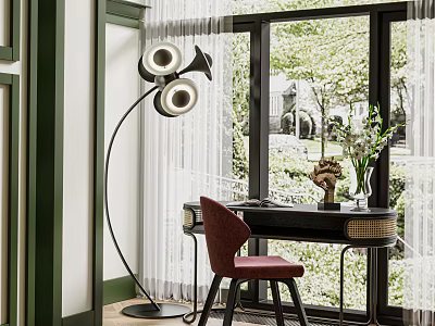 Elegant Vanity Table Setup With Red Chair Floor Lamp And Green Window View Decorations 3d model