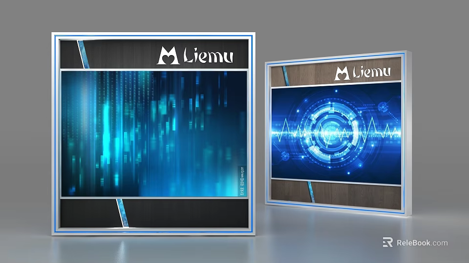 Modern Liemu Display Shelves With Digital Screens And Blue Data Visualization Graphics 3d model 