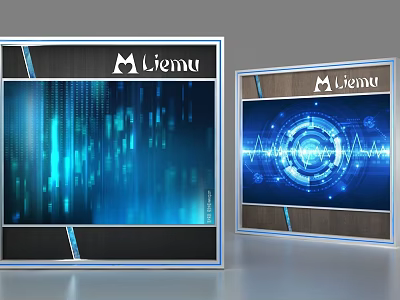 Modern Liemu Display Shelves With Digital Screens And Blue Data Visualization Graphics 3d model