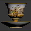 Hand Carved Sculptural Porcelain Cup And Saucer With Golden Trim And Architectural Designs
