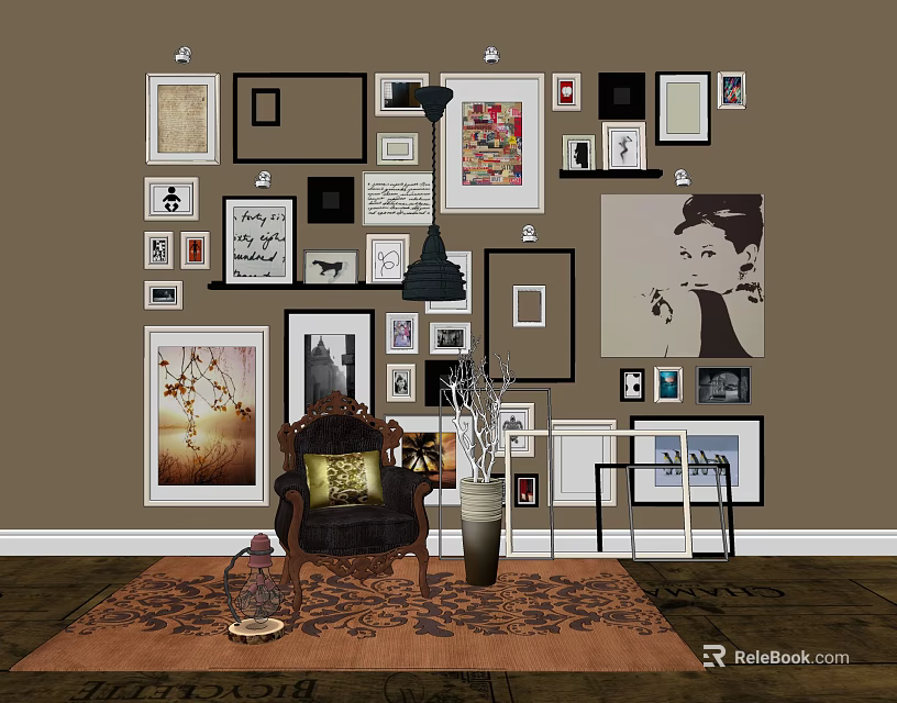 Accent Chair In Cozy Living Room With Framed Artworks Rug And Decorative Vase 3d model 