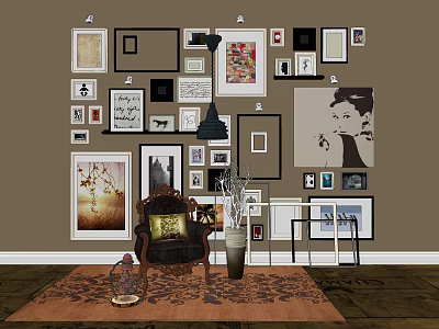 Accent Chair In Cozy Living Room With Framed Artworks Rug And Decorative Vase 3d model