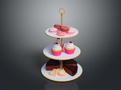 Three Tier Display Shelf With Macarons Cupcakes Chocolate And Heart Shaped Cookies 3d model