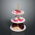 Three Tier Display Shelf With Macarons Cupcakes Chocolate And Heart Shaped Cookies