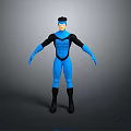 Blue and Black Humanoid Character in Standing Pose with Gray Gradient 3D Render Background