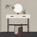 Modern White Dressing Table With Gold Handle Drawers Round LED Mirror And Decorative Stool