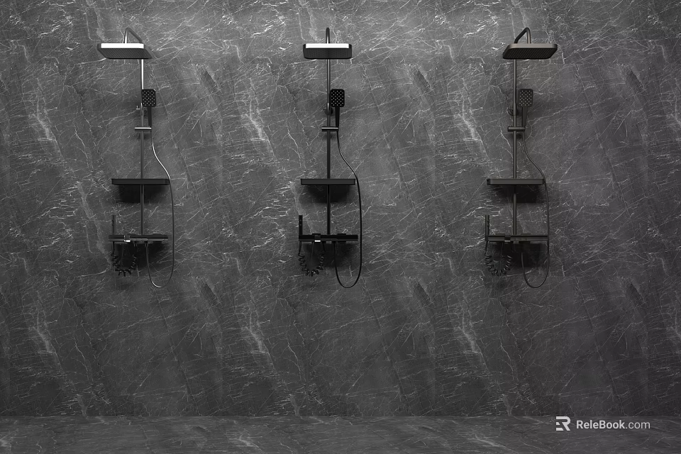 Modern Black Shower Systems with Handheld and Shelf on Grey Marble Wall 3d model