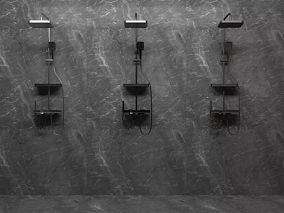 Modern Black Shower Systems with Handheld and Shelf on Grey Marble Wall 3d model