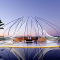 Modern Pergola with Net Structure Surrounded by Trees Water Pool Evening Lighting and People Walking 3d model
