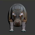 Realistic 3D Hippopotamus Figure With Gray Pink Body Green Feet On Dark Reflective Background