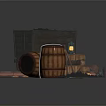 Rustic Mine Cart Scene With Wooden Barrels Coal Pile And Lit Lantern