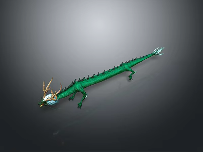 Green Mythical Dragon 3D Rendering With Golden Horns And White Accents 3d model