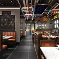 Modern Restaurant Interior Design With Chandeliers Crane Decorations Green Plants And Blue Lighting