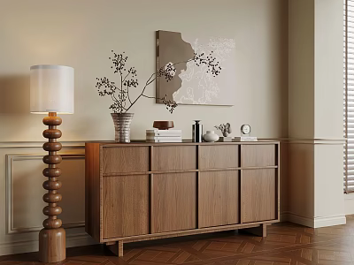 Cozy Living Space With Wooden Cabinet Floor Lamp And Wall Art Decorations 3d model