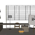 Modern Wooden Office Desk With Floor Lamp Chairs Flip Chart And Blinds