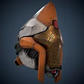Two Sci Fi Helmets In Orange White Gray Gold With Red Indicator And Triangle Logo