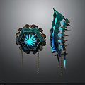 Fantasy Blue Glowing Weapon Set With Golden Decorations Chains And Spikes