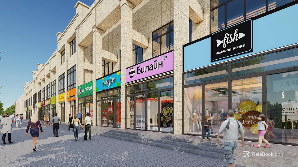 Vibrant Commercial Street With Modern Architecture Shops Pedestrians And Store Signs 3d model 