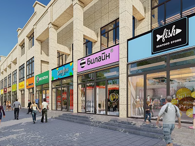 Vibrant Commercial Street With Modern Architecture Shops Pedestrians And Store Signs 3d model