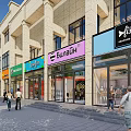 Vibrant Commercial Street With Modern Architecture Shops Pedestrians And Store Signs