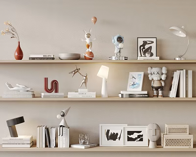 Ornamental Decor Collection On Wall Shelves With Vase Books Sculptures Lamp And Framed Art 3d model