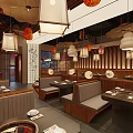 Japanese Restaurant Interior With Traditional Decor Red Lanterns Wooden Tables And Booth Seating